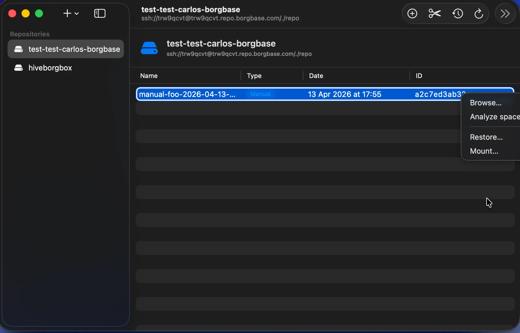 borgmac right-click menu showing archive actions