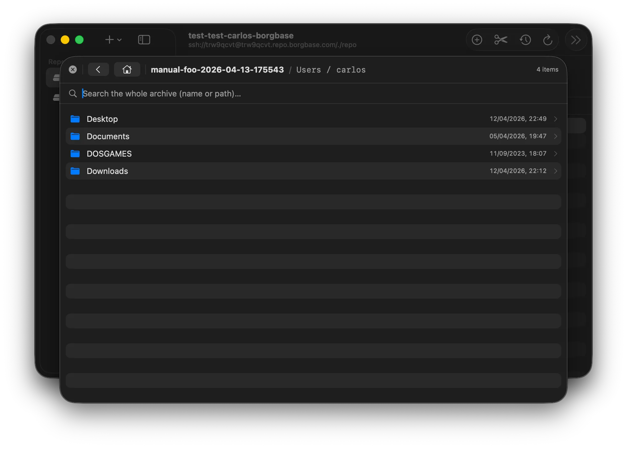 borgmac archive browser with a Finder-style file tree