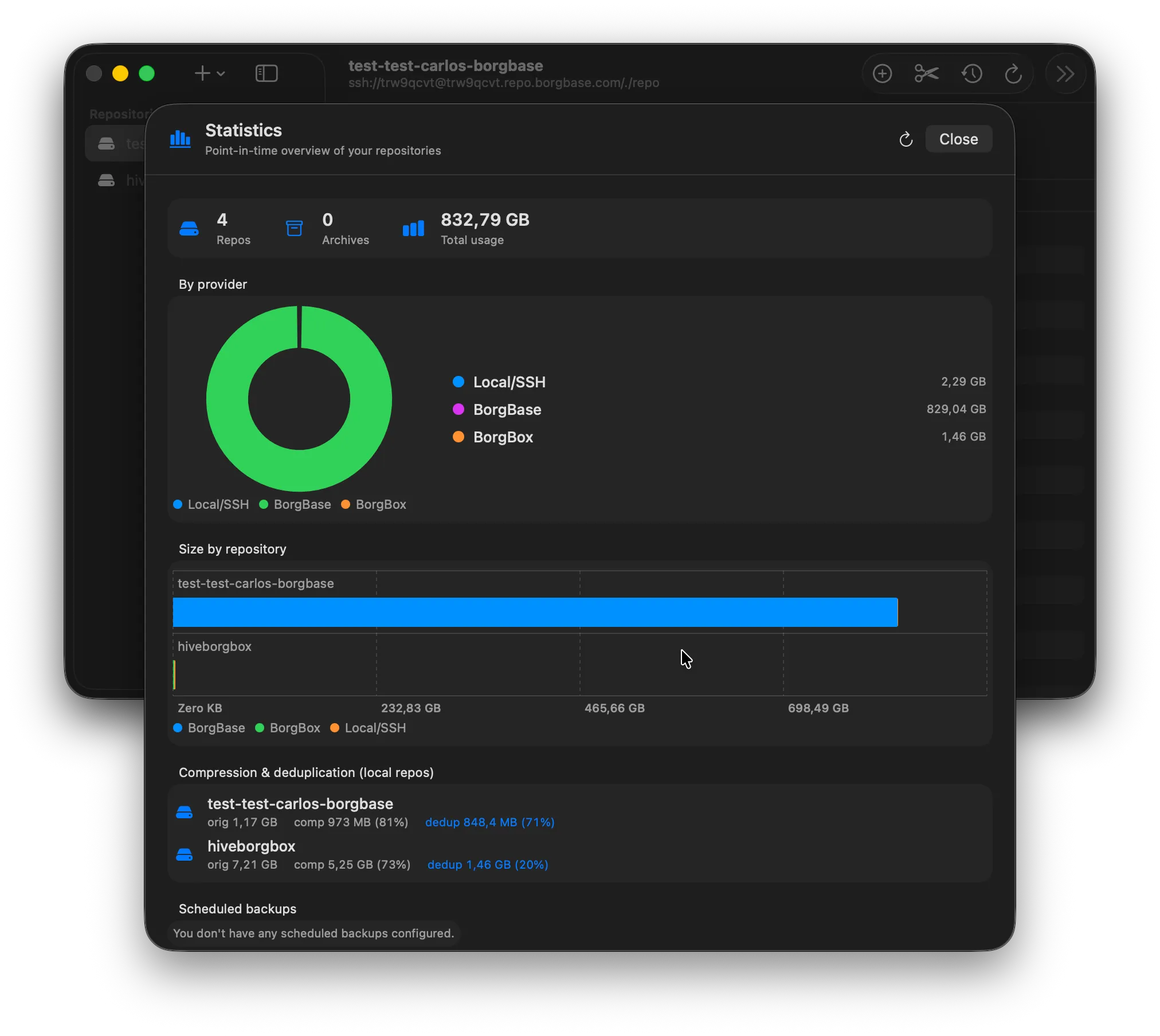 borgmac stats dashboard with usage and compression across every backend